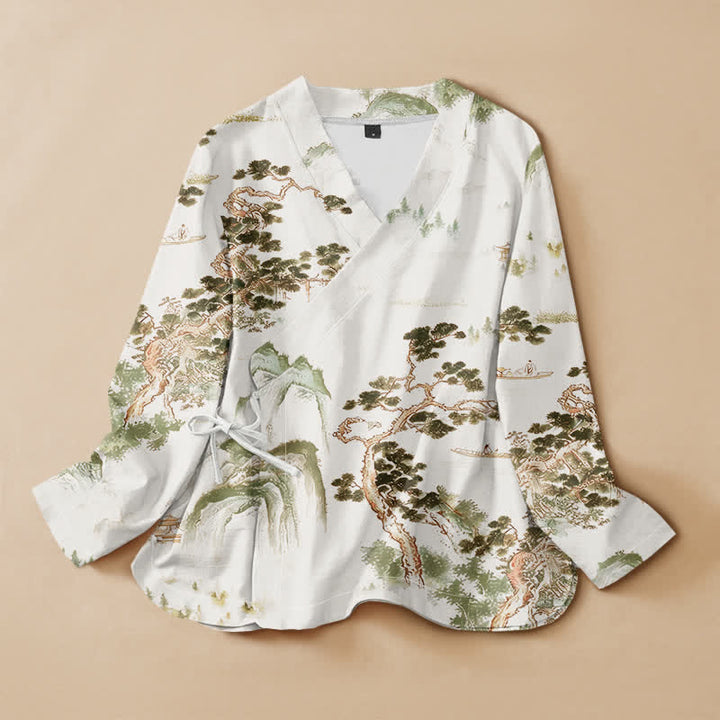 Kimono de manga larga para mujer con estampado de paisaje de pinos y piedras de Buddha Stones, estilo Hanfu, cuello en V y cordones. - Beige - US16，UK/AU20，EU48 (3XL) - image 7