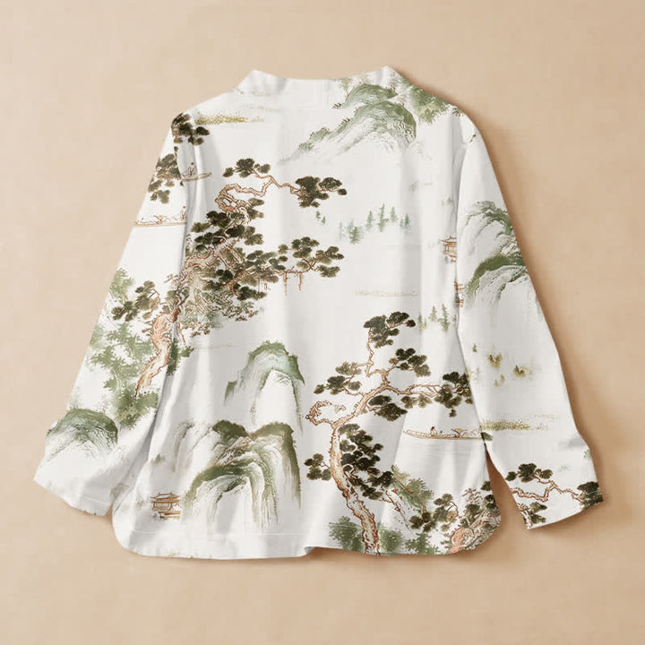 Kimono de manga larga para mujer con estampado de paisaje de pinos y piedras de Buddha Stones, estilo Hanfu, cuello en V y cordones. - image 8