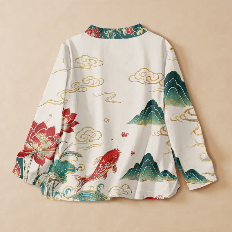 Buddha Stones Camisas de manga larga para mujer con cuello en V y cordones, con estampado de nubes de loto y carpas koi de algodón. - image 1