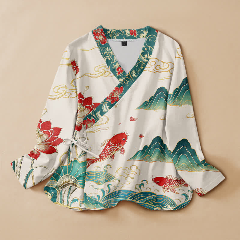 Buddha Stones Camisas de manga larga para mujer con cuello en V y cordones, con estampado de nubes de loto y carpas koi de algodón. - Marfil - US16，UK/AU20，EU48 (3XL) - image 0