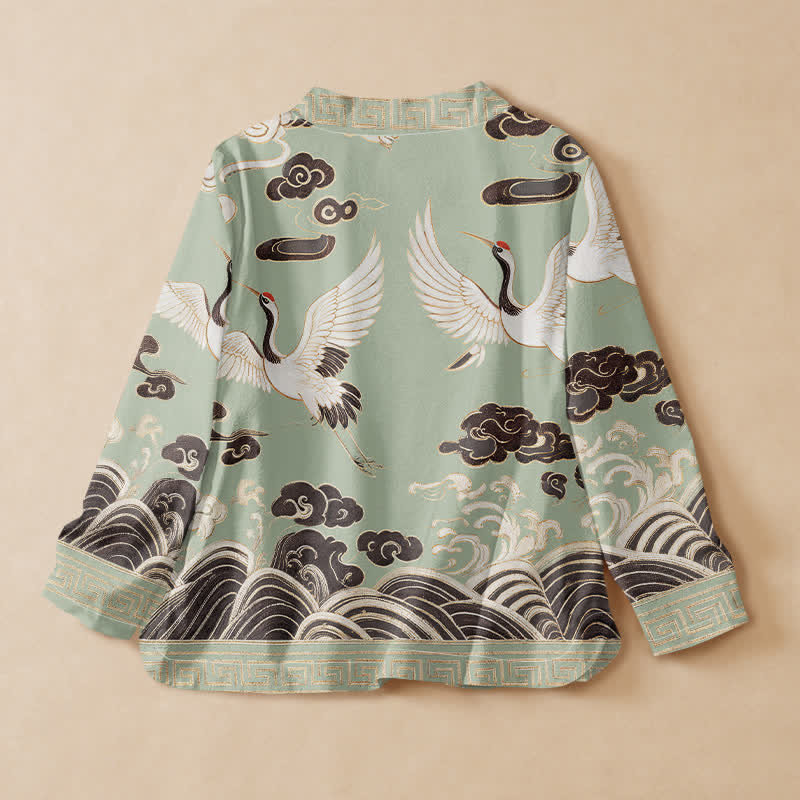 Kimono de manga larga para mujer con estampado de Buddha Stones, grullas, nubes y olas, estilo Hanfu, cuello en V y cordones. - image 1