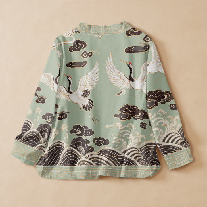 Kimono de manga larga para mujer con estampado de Buddha Stones, grullas, nubes y olas, estilo Hanfu, cuello en V y cordones. - image 1
