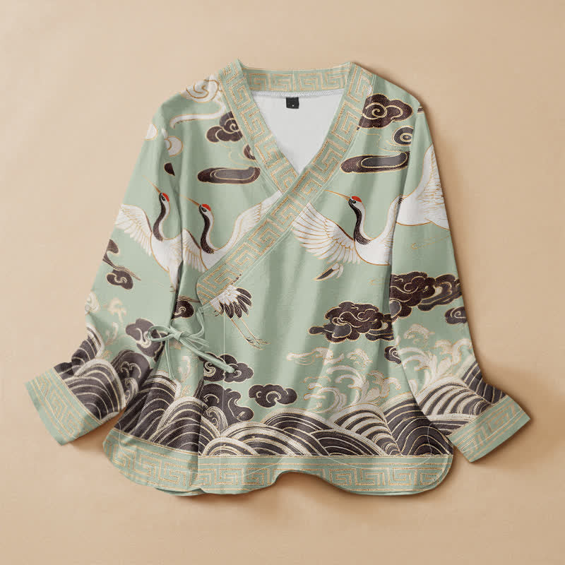 Kimono de manga larga para mujer con estampado de Buddha Stones, grullas, nubes y olas, estilo Hanfu, cuello en V y cordones. - Verde pálido - US16，UK/AU20，EU48 (3XL) - image 0
