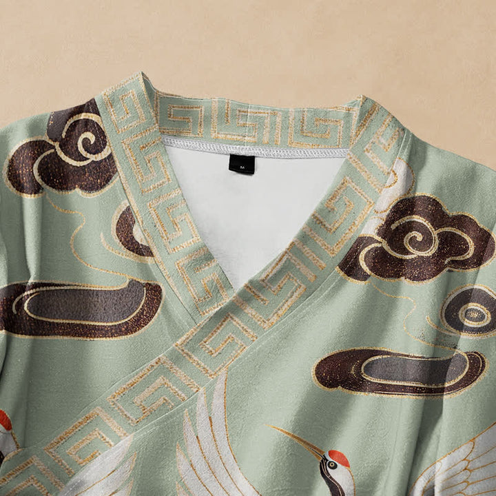 Kimono de manga larga para mujer con estampado de Buddha Stones, grullas, nubes y olas, estilo Hanfu, cuello en V y cordones. - image 2