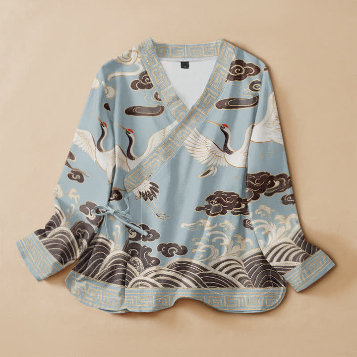 Kimono de manga larga para mujer con estampado de Buddha Stones, grullas, nubes y olas, estilo Hanfu, cuello en V y cordones. - Celeste - US16，UK/AU20，EU48 (3XL) - image 5