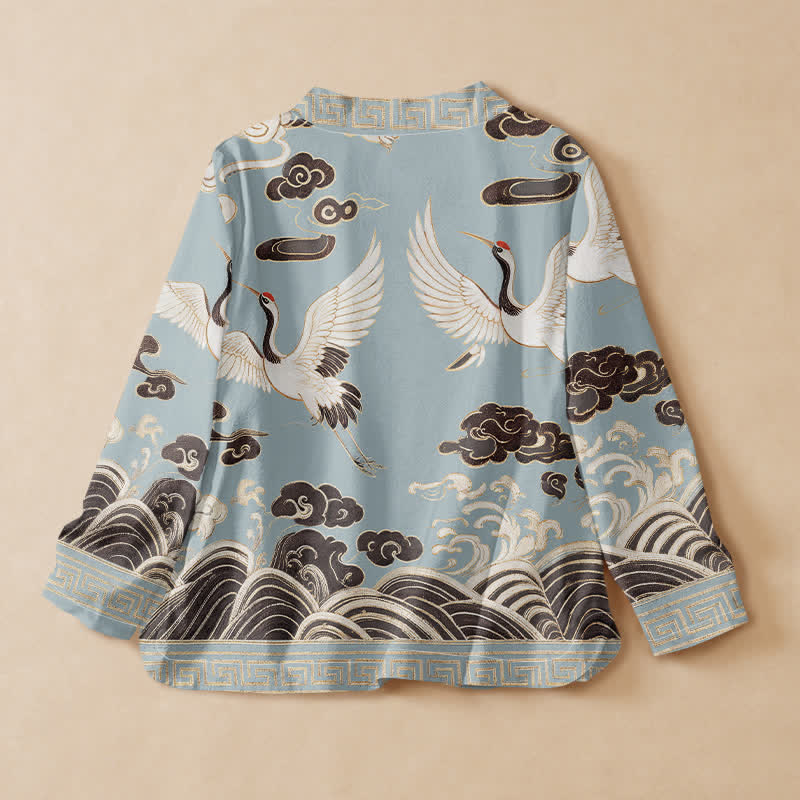 Kimono de manga larga para mujer con estampado de Buddha Stones, grullas, nubes y olas, estilo Hanfu, cuello en V y cordones. - image 6