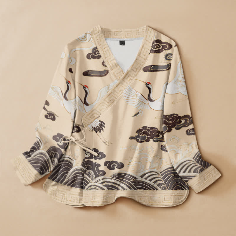 Kimono de manga larga para mujer con estampado de Buddha Stones, grullas, nubes y olas, estilo Hanfu, cuello en V y cordones. - Amarillo dorado claro - US16，UK/AU20，EU48 (3XL) - image 7