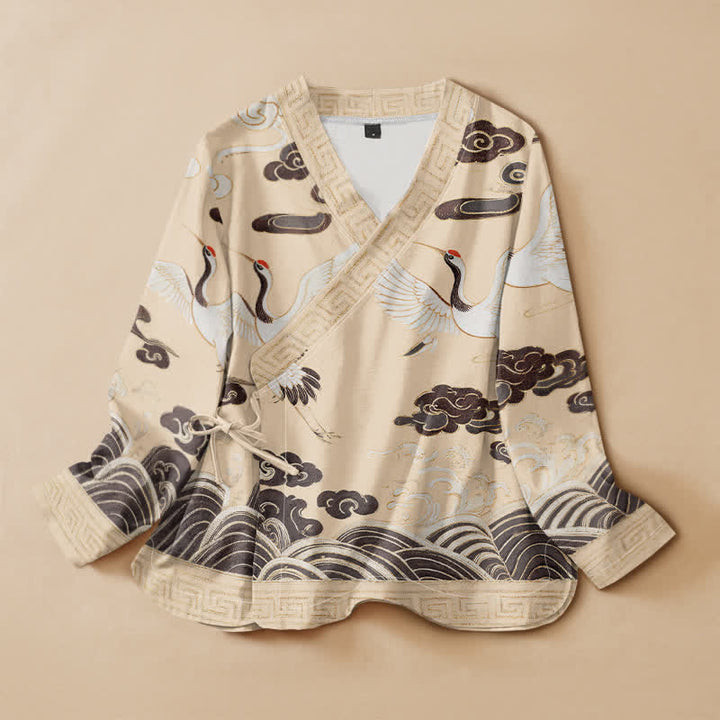 Kimono de manga larga para mujer con estampado de Buddha Stones, grullas, nubes y olas, estilo Hanfu, cuello en V y cordones. - Amarillo dorado claro - US16，UK/AU20，EU48 (3XL) - image 7