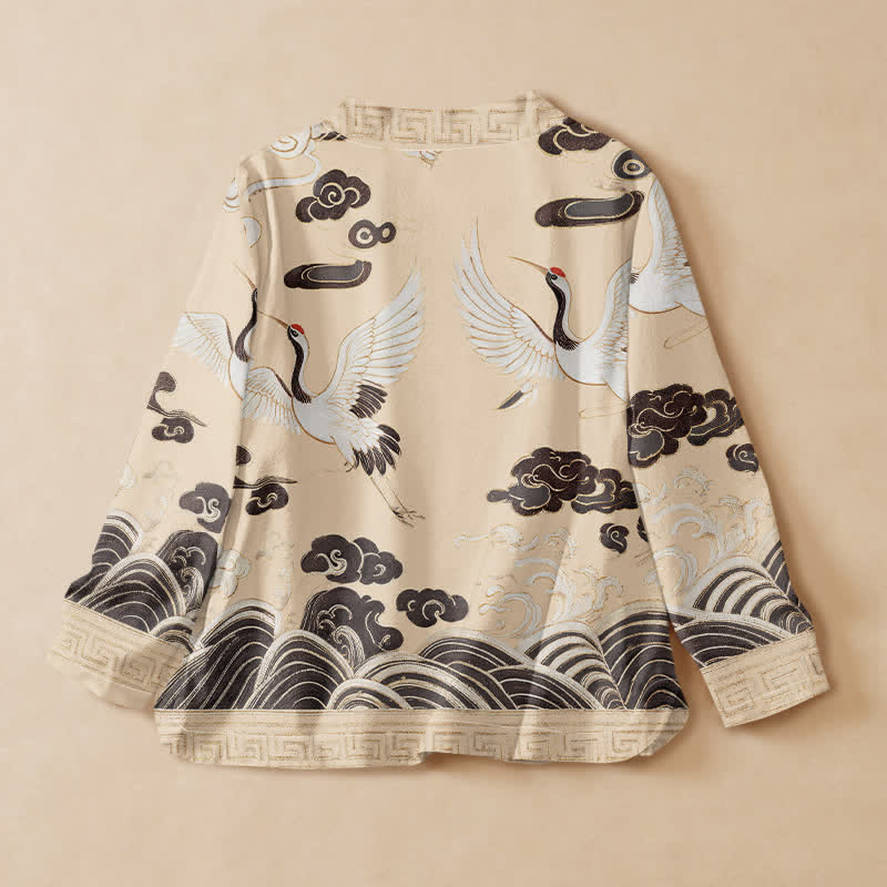 Kimono de manga larga para mujer con estampado de Buddha Stones, grullas, nubes y olas, estilo Hanfu, cuello en V y cordones. - image 8