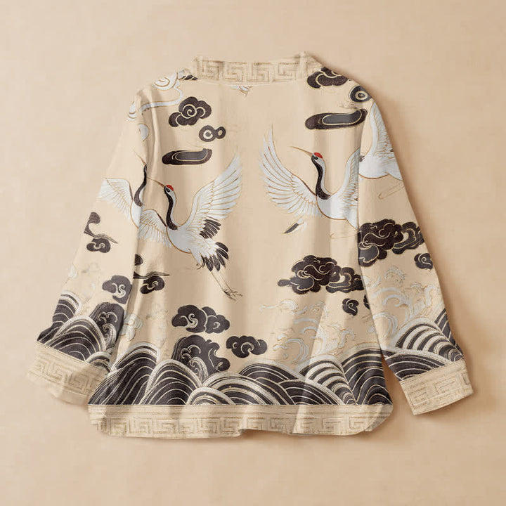 Kimono de manga larga para mujer con estampado de Buddha Stones, grullas, nubes y olas, estilo Hanfu, cuello en V y cordones. - image 8