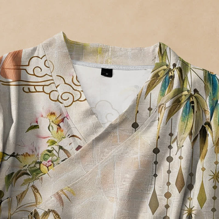Kimono de manga larga para mujer con estampado de hojas de nube de algodón y Buddha Stones, estilo Hanfu, cuello en V y cordones. - image 2