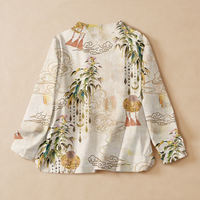Buddha Stones Camisa de manga larga para mujer estilo Hanfu con cuello en V y cordones, estampado de hojas y nubes de algodón. - image 1