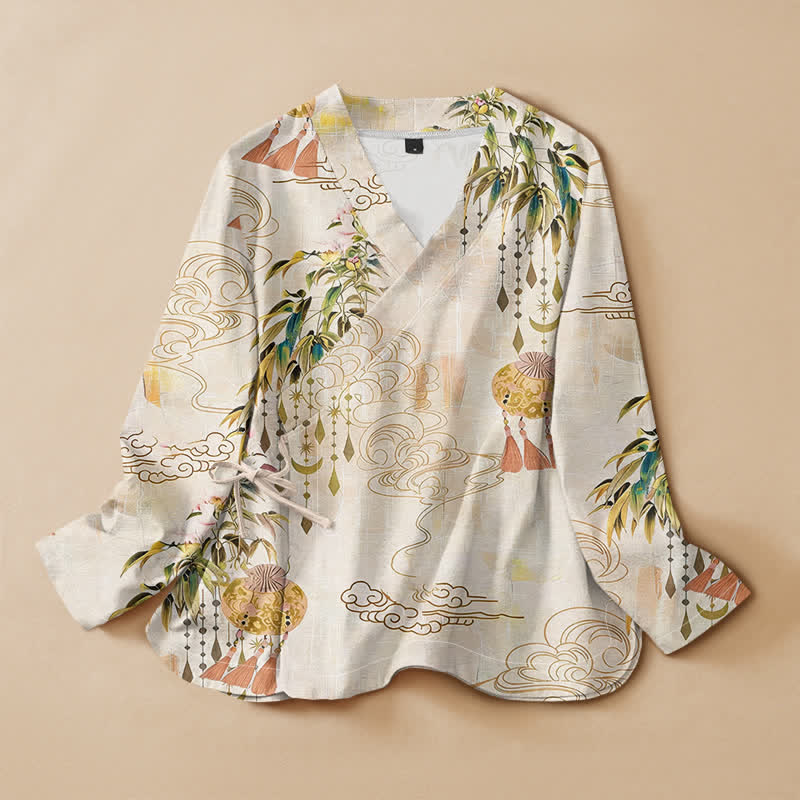 Buddha Stones Camisa de manga larga para mujer estilo Hanfu con cuello en V y cordones, estampado de hojas y nubes de algodón. - Lino - US16，UK/AU20，EU48 (3XL) - image 0