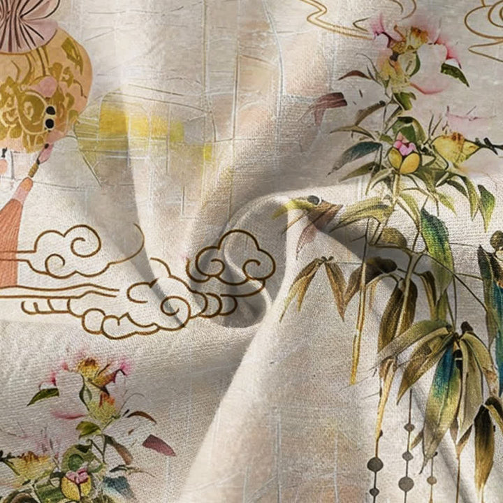 Kimono de manga larga para mujer con estampado de hojas de nube de algodón y Buddha Stones, estilo Hanfu, cuello en V y cordones. - image 4