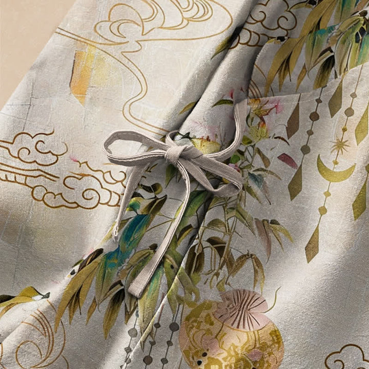Kimono de manga larga para mujer con estampado de hojas de nube de algodón y Buddha Stones, estilo Hanfu, cuello en V y cordones. - image 3