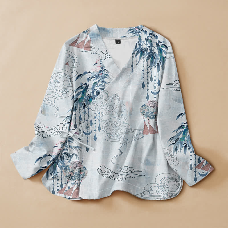 Kimono de manga larga para mujer con estampado de hojas de nube de algodón y Buddha Stones, estilo Hanfu, cuello en V y cordones. - AliciaAzul - US16，UK/AU20，EU48 (3XL) - image 5
