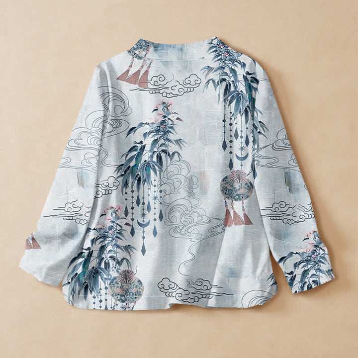 Kimono de manga larga para mujer con estampado de hojas de nube de algodón y Buddha Stones, estilo Hanfu, cuello en V y cordones. - image 6