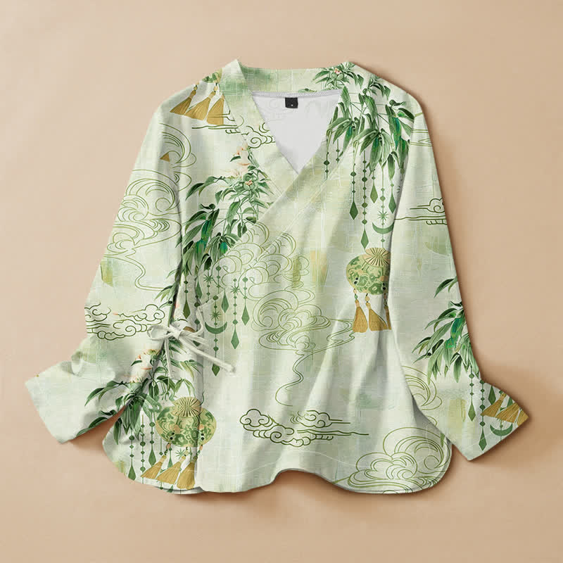 Kimono de manga larga para mujer con estampado de hojas de nube de algodón y Buddha Stones, estilo Hanfu, cuello en V y cordones. - Gotas de miel - US16，UK/AU20，EU48 (3XL) - image 7