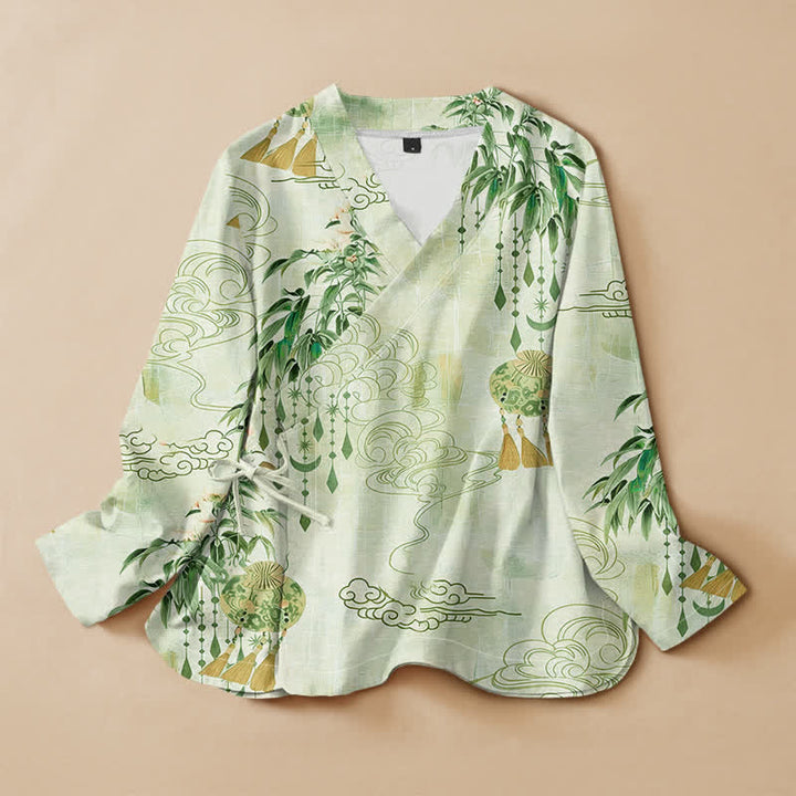 Kimono de manga larga para mujer con estampado de hojas de nube de algodón y Buddha Stones, estilo Hanfu, cuello en V y cordones. - Gotas de miel - US16，UK/AU20，EU48 (3XL) - image 7