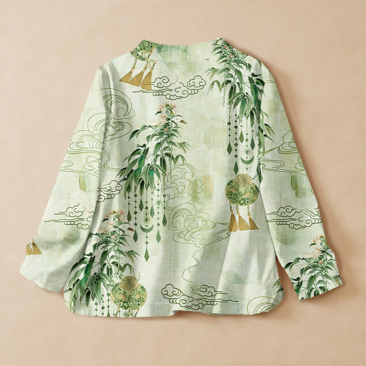 Kimono de manga larga para mujer con estampado de hojas de nube de algodón y Buddha Stones, estilo Hanfu, cuello en V y cordones. - image 8