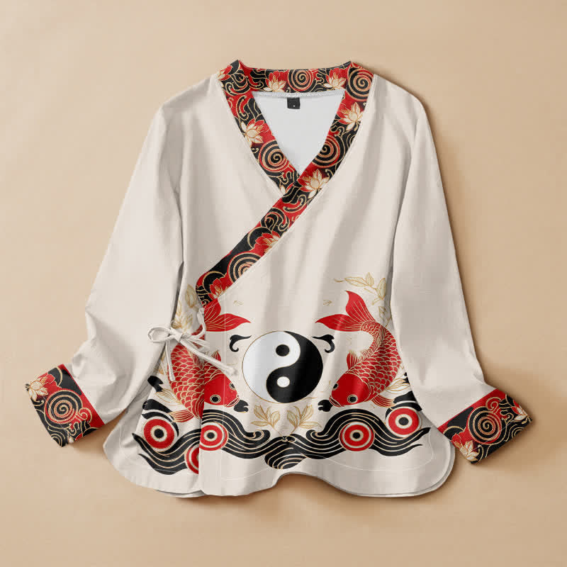 Buddha Stones Camisa de manga larga estilo Hanfu con cuello en V y cordones, de algodón, con estampado de loto Yin Yang y peces koi. - Marfil - US16，UK/AU20，EU48 (3XL) - image 0