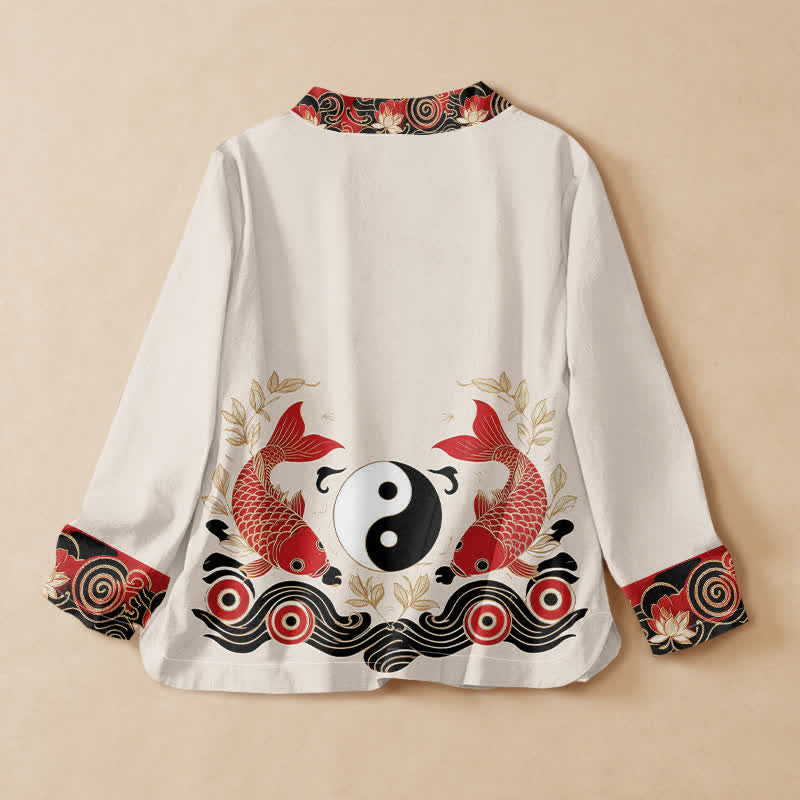 Buddha Stones Camisa de manga larga estilo Hanfu con cuello en V y cordones, de algodón, con estampado de loto Yin Yang y peces koi. - image 1