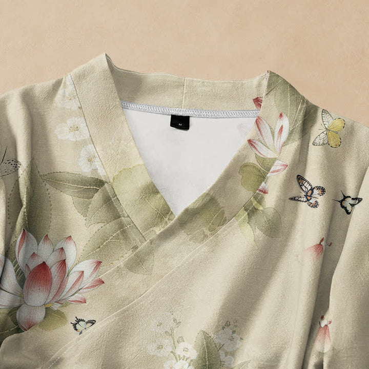 Kimono de manga larga para mujer con estampado de mariposas y hojas de loto de algodón estilo Hanfu, cuello en V y cordones, con Buddha Stones. - image 2