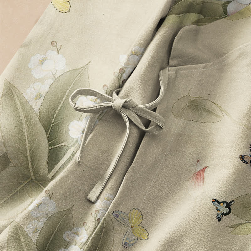 Kimono de manga larga para mujer con estampado de mariposas y hojas de loto de algodón estilo Hanfu, cuello en V y cordones, con Buddha Stones. - image 3