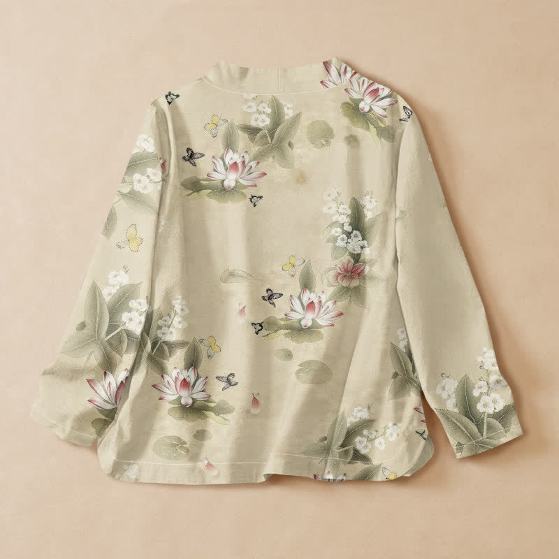 Buddha Stones Camisa de manga larga para mujer estilo Hanfu con cuello en V y cordones, confeccionada en algodón con estampado de mariposas y hojas de loto. - image 1