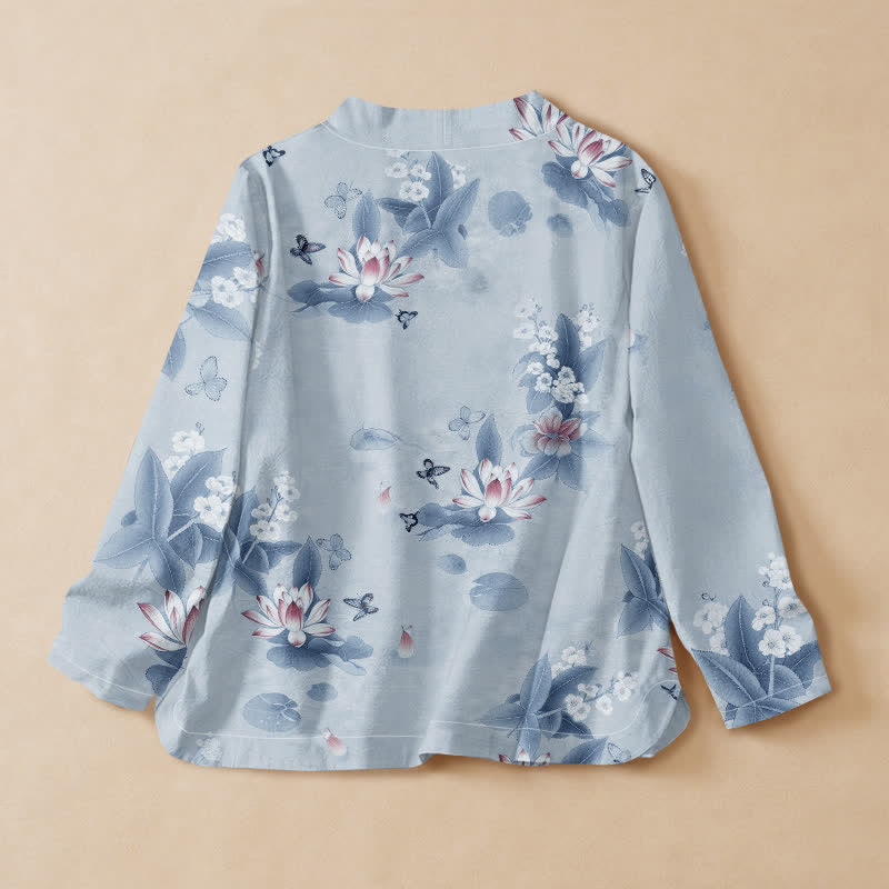 Kimono de manga larga para mujer con estampado de mariposas y hojas de loto de algodón estilo Hanfu, cuello en V y cordones, con Buddha Stones. - image 6
