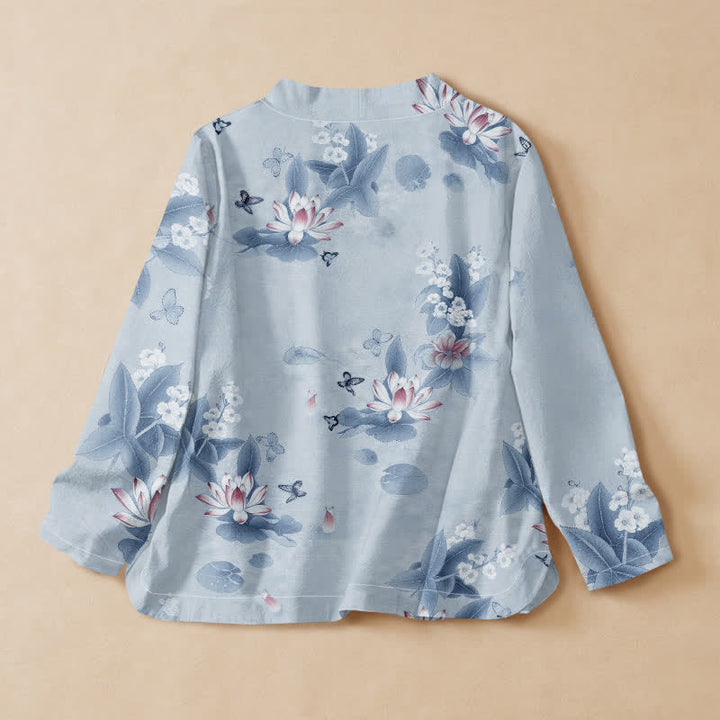 Kimono de manga larga para mujer con estampado de mariposas y hojas de loto de algodón estilo Hanfu, cuello en V y cordones, con Buddha Stones. - image 6