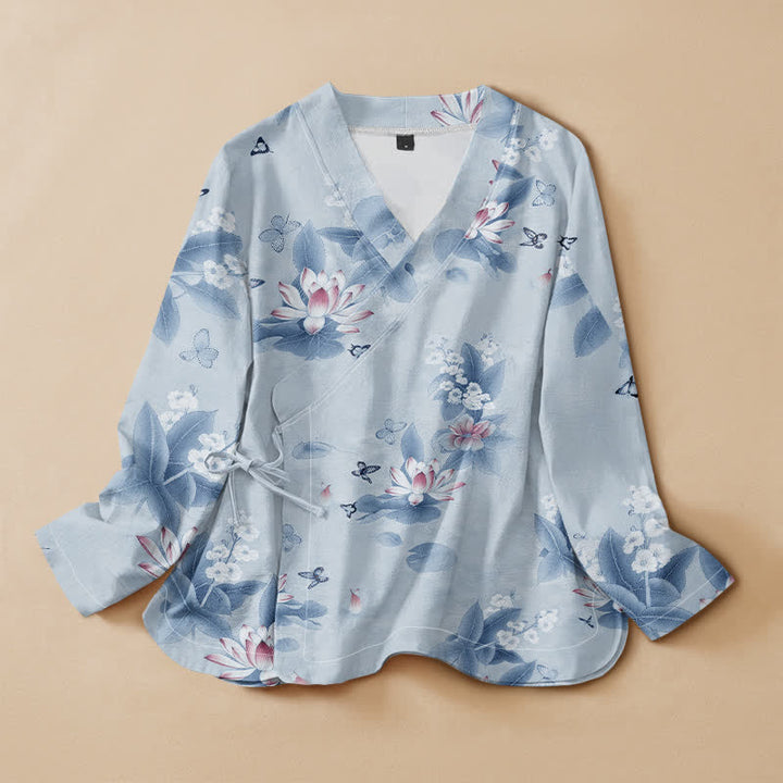 Kimono de manga larga para mujer con estampado de mariposas y hojas de loto de algodón estilo Hanfu, cuello en V y cordones, con Buddha Stones. - Azul cielo claro - US16，UK/AU20，EU48 (3XL) - image 5