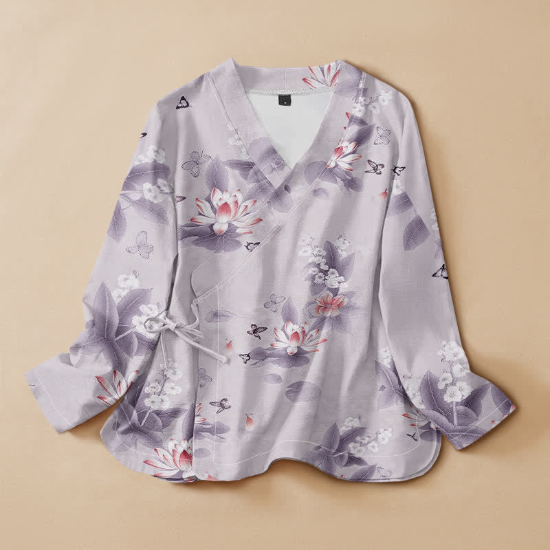 Kimono de manga larga para mujer con estampado de mariposas y hojas de loto de algodón estilo Hanfu, cuello en V y cordones, con Buddha Stones. - Lavanda - US16，UK/AU20，EU48 (3XL) - image 7