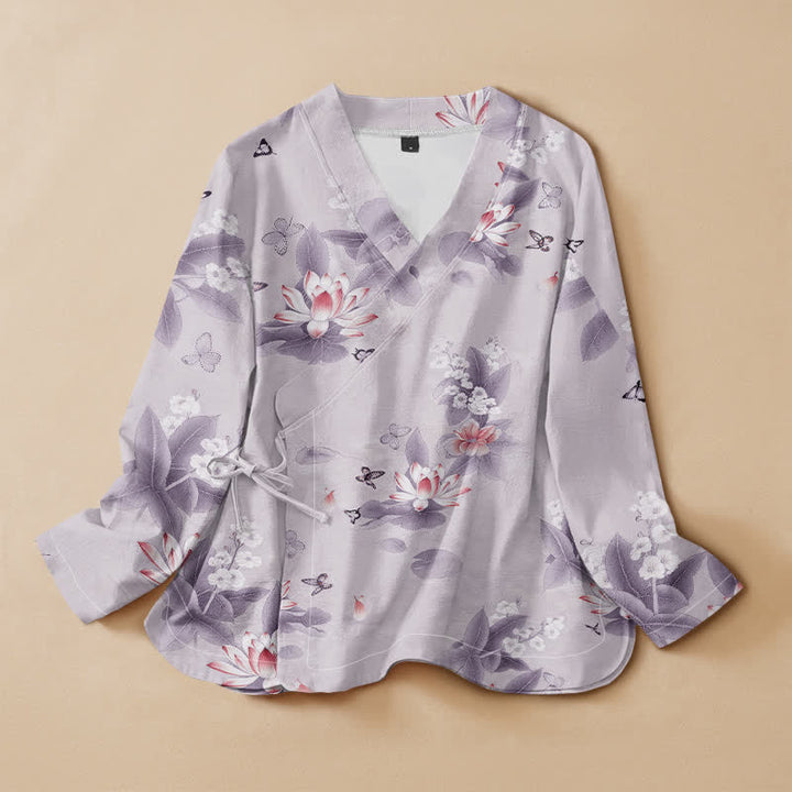 Kimono de manga larga para mujer con estampado de mariposas y hojas de loto de algodón estilo Hanfu, cuello en V y cordones, con Buddha Stones. - Lavanda - US16，UK/AU20，EU48 (3XL) - image 7