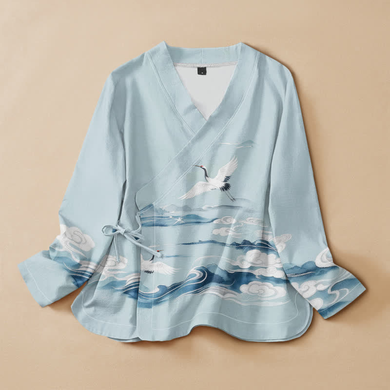 Buddha Stones Camisa de manga larga para mujer con cuello en V y cordones, con estampado de grullas voladoras y nubes, de algodón. - Azul claro - US16，UK/AU20，EU48 (3XL) - image 0