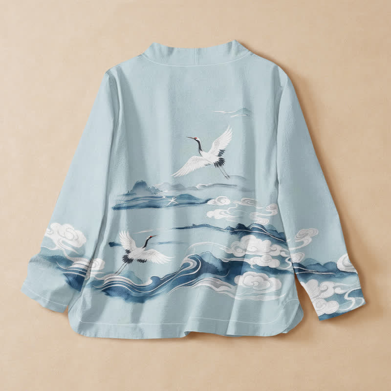 Buddha Stones Camisa de manga larga para mujer con cuello en V y cordones, con estampado de grullas voladoras y nubes, de algodón. - image 1