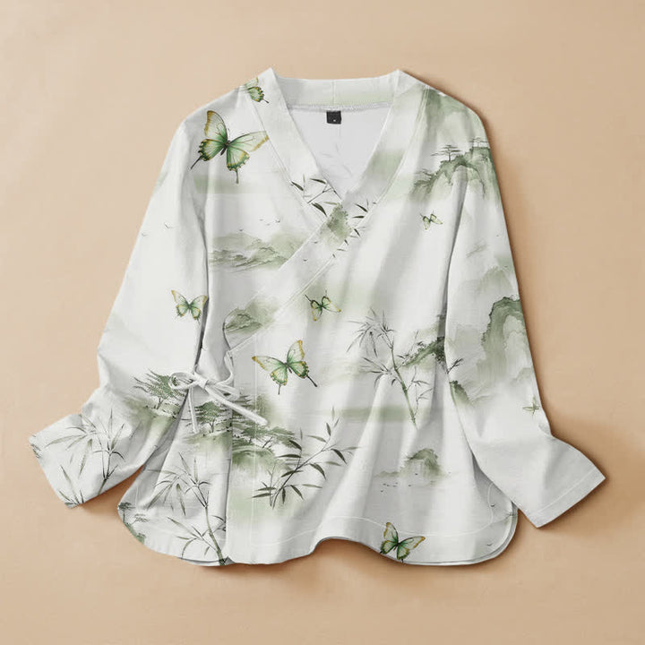 Kimono de manga larga para mujer con estampado de mariposas de bambú y Buddha Stones, estilo Hanfu, cuello en V y cordones. - Verde mar oscuro - US16，UK/AU20，EU48 (3XL) - image 0