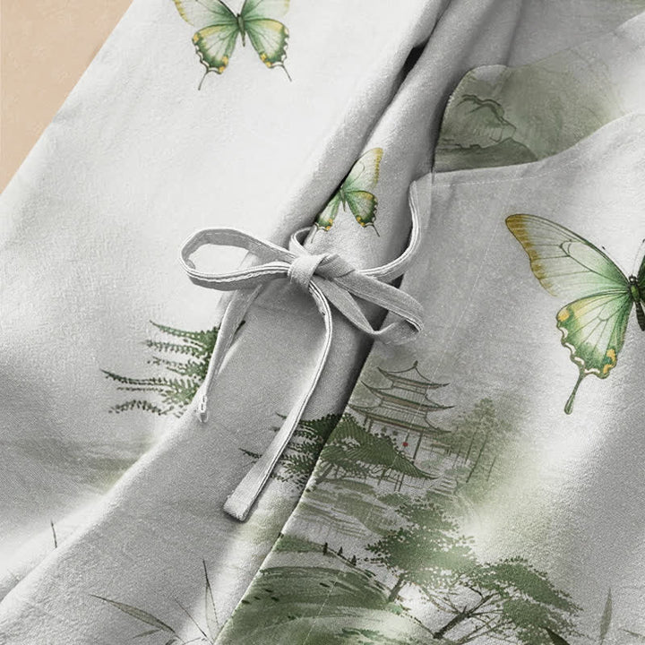 Buddha Stones Camisas de manga larga para mujer estilo Hanfu con cuello en V y cordones, de algodón y bambú, con estampado de mariposas. - image 3