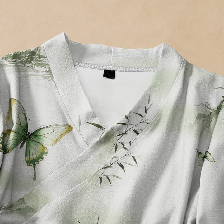 Kimono de manga larga para mujer con estampado de mariposas de bambú y Buddha Stones, estilo Hanfu, cuello en V y cordones. - image 2