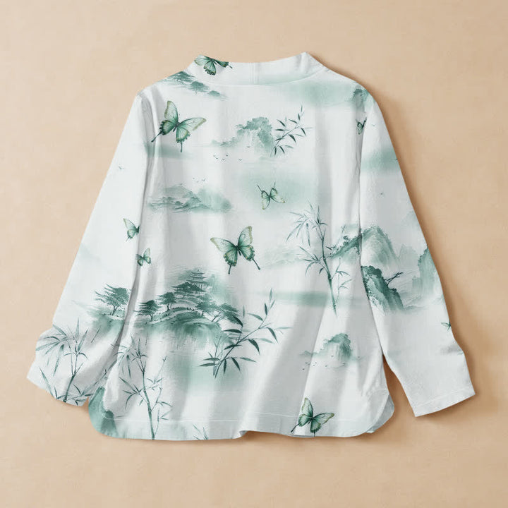 Kimono de manga larga para mujer con estampado de mariposas de bambú y Buddha Stones, estilo Hanfu, cuello en V y cordones. - image 6