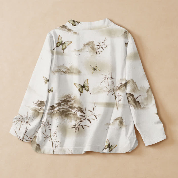 Buddha Stones Camisas de manga larga para mujer estilo Hanfu con cuello en V y cordones, de algodón y bambú, con estampado de mariposas. - image 8