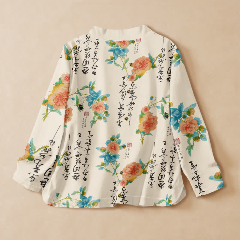 Kimono de manga larga para mujer con estampado floral de caligrafía y Buddha Stones, estilo Hanfu, cuello en V y cordones. - image 1