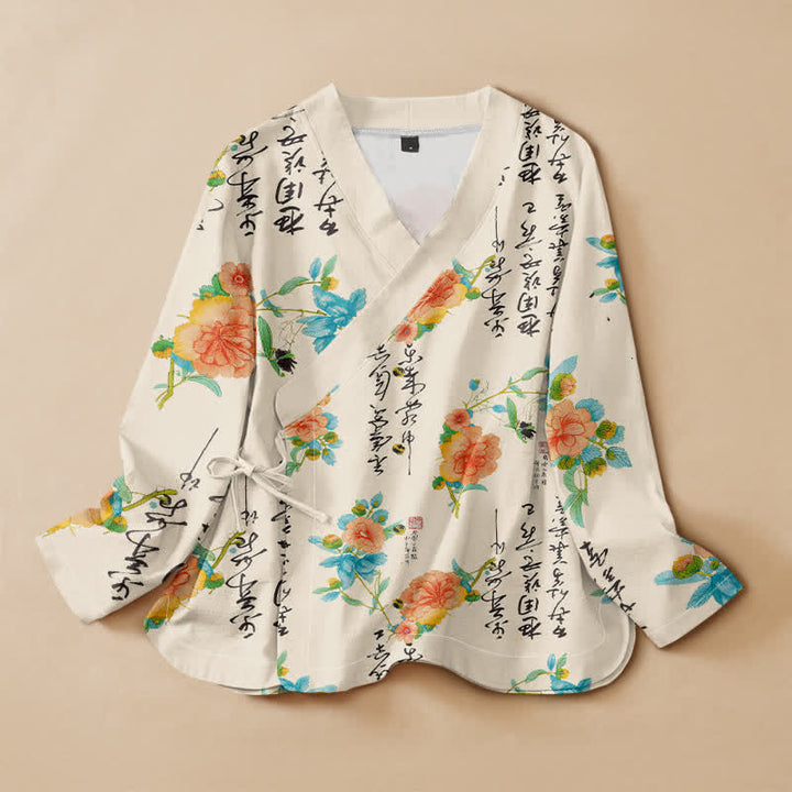 Kimono de manga larga para mujer con estampado floral de caligrafía y Buddha Stones, estilo Hanfu, cuello en V y cordones. - Marfil - US16，UK/AU20，EU48 (3XL) - image 0