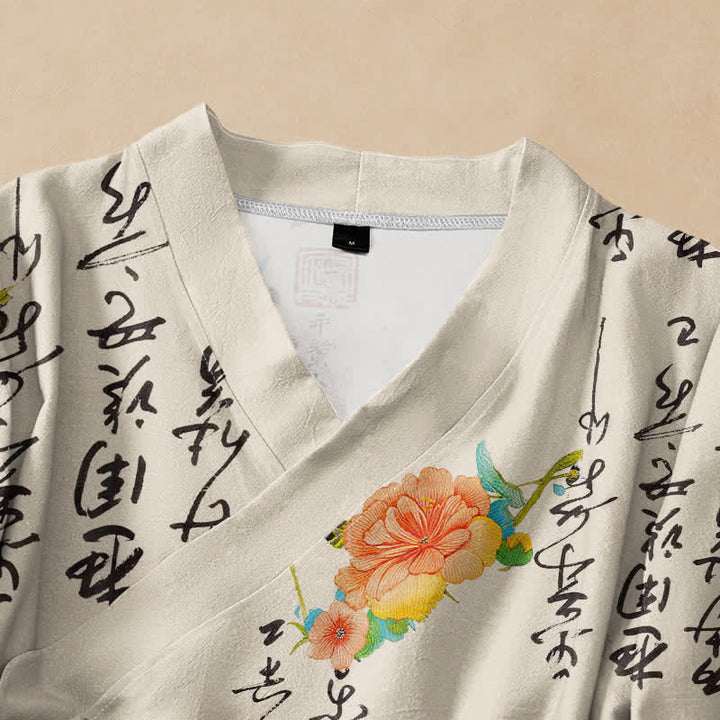 Kimono de manga larga para mujer con estampado floral de caligrafía y Buddha Stones, estilo Hanfu, cuello en V y cordones. - image 2