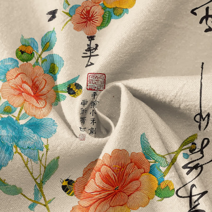 Kimono de manga larga para mujer con estampado floral de caligrafía y Buddha Stones, estilo Hanfu, cuello en V y cordones. - image 4