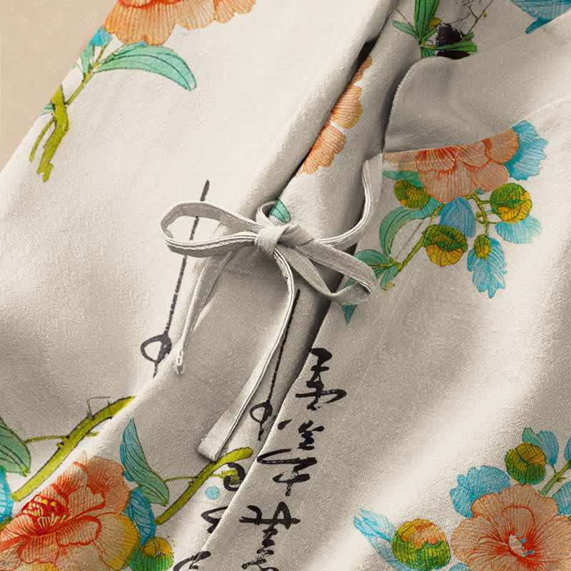 Kimono de manga larga para mujer con estampado floral de caligrafía y Buddha Stones, estilo Hanfu, cuello en V y cordones. - image 3