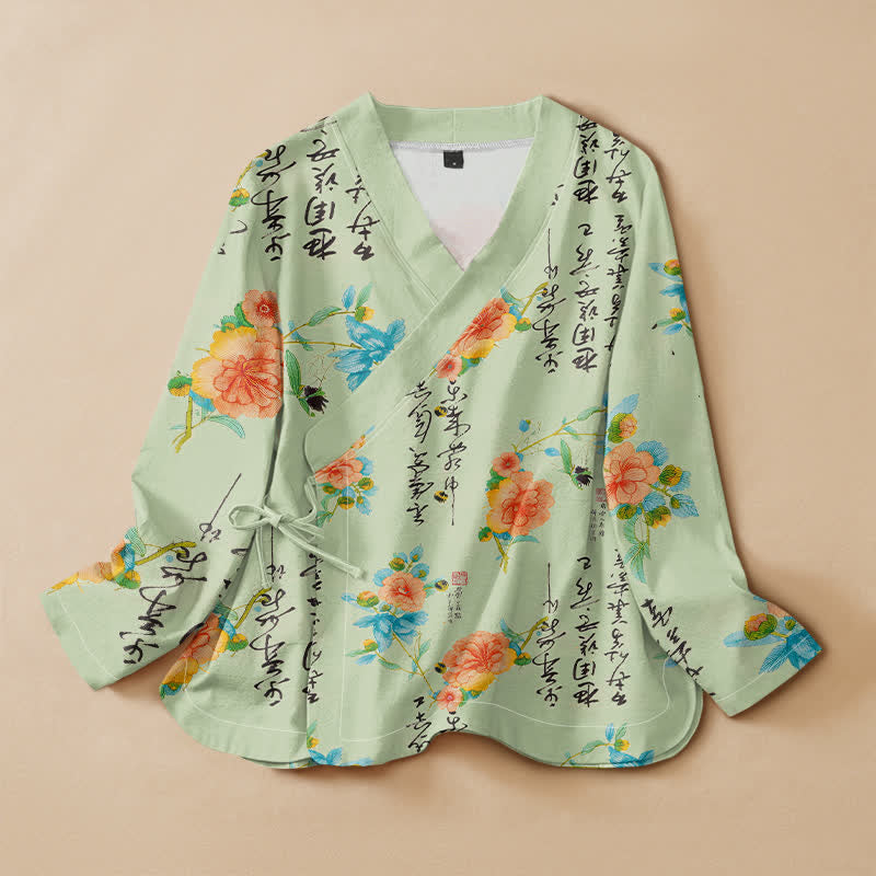 Kimono de manga larga para mujer con estampado floral de caligrafía y Buddha Stones, estilo Hanfu, cuello en V y cordones. - Verde pálido - US16，UK/AU20，EU48 (3XL) - image 5