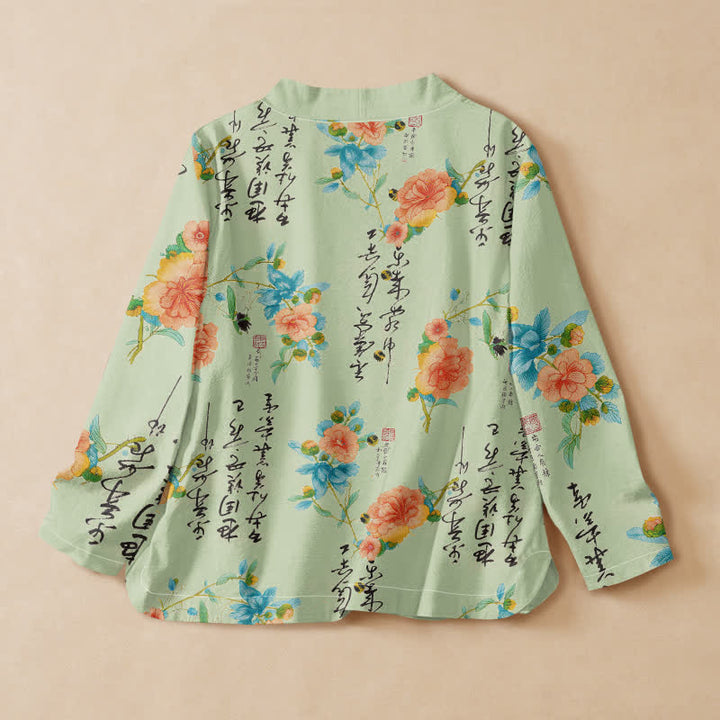 Kimono de manga larga para mujer con estampado floral de caligrafía y Buddha Stones, estilo Hanfu, cuello en V y cordones. - image 6