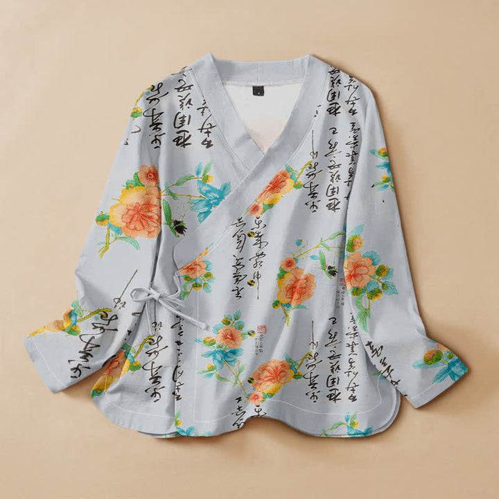 Kimono de manga larga para mujer con estampado floral de caligrafía y Buddha Stones, estilo Hanfu, cuello en V y cordones. - Azul claro - US16，UK/AU20，EU48 (3XL) - image 7