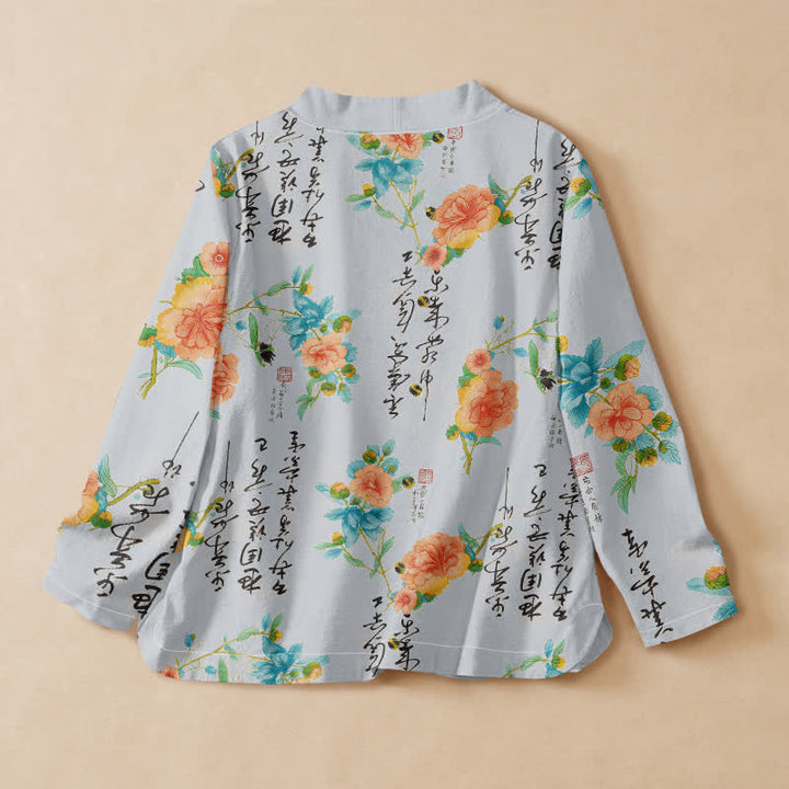Kimono de manga larga para mujer con estampado floral de caligrafía y Buddha Stones, estilo Hanfu, cuello en V y cordones. - image 8